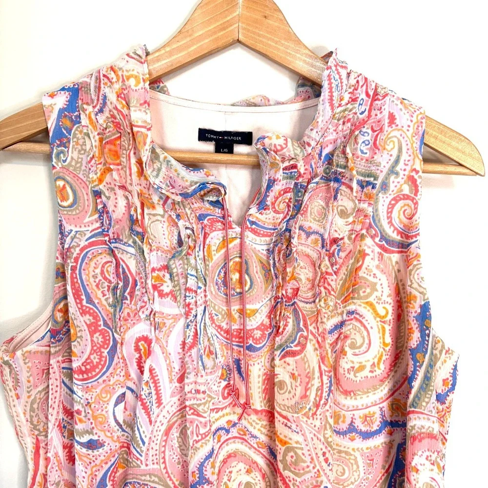 Tommy Hilfiger St. Tropez Pink Paisley Tie‎ Shift Dress Sz L Tropical Vacation